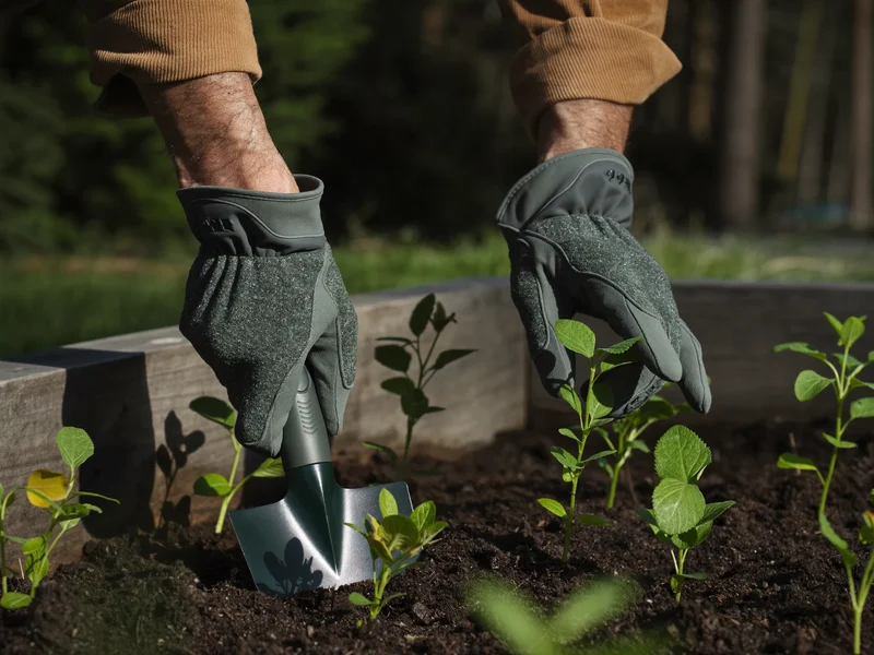 Zappetta e coltivatore ergonomici con impugnatura morbida appoggiati sulla terra scura accanto alle piantine