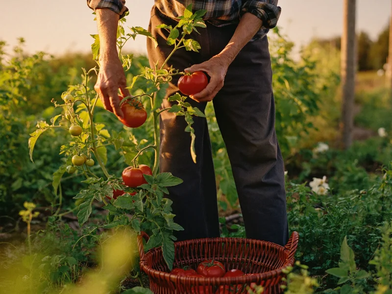 Mani segnate dal tempo raccolgono pomodori maturi in un cesto di vimini